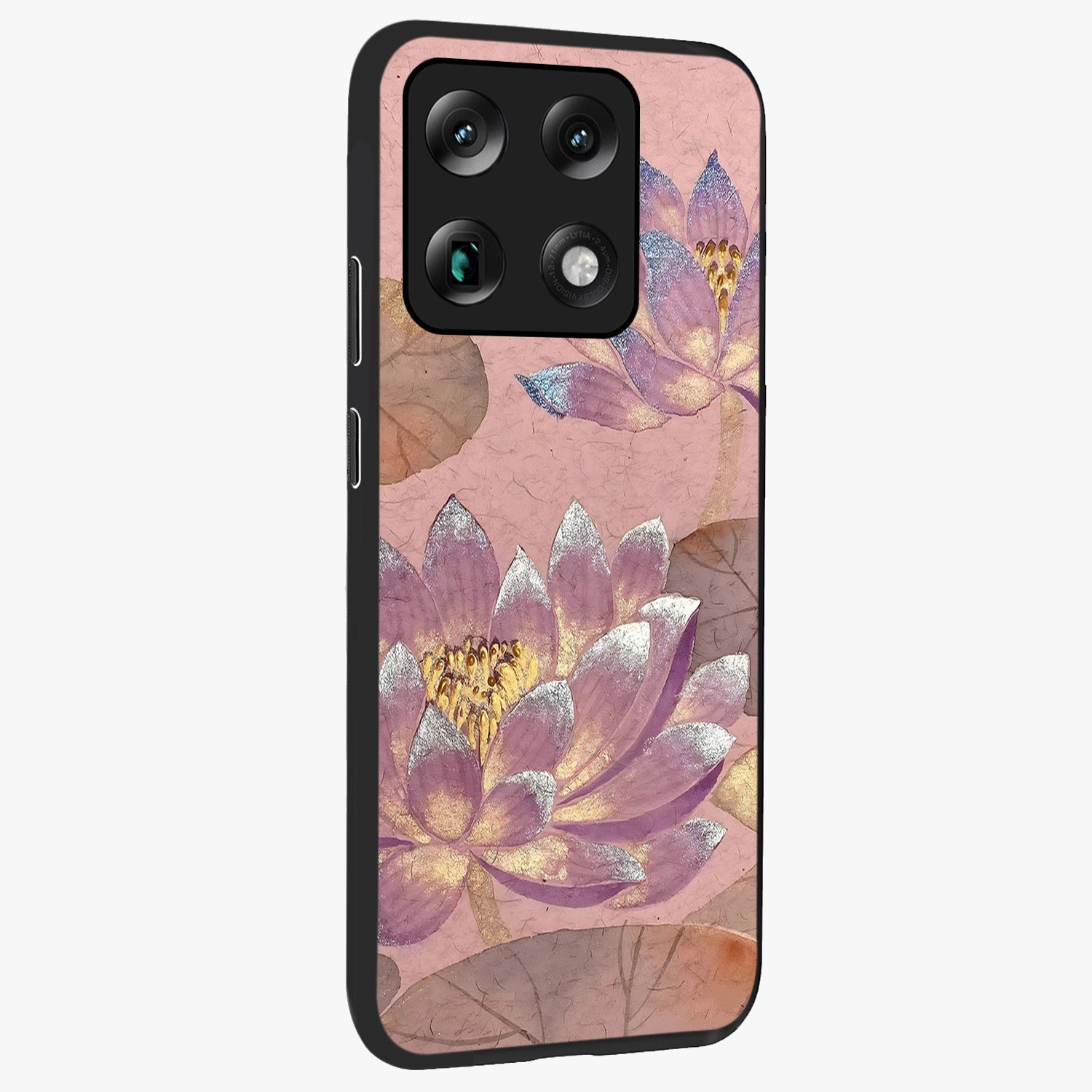 Blossom Mist Lotus Glass Case upright view showcasing graceful lotus flower design with peaceful botanical style.