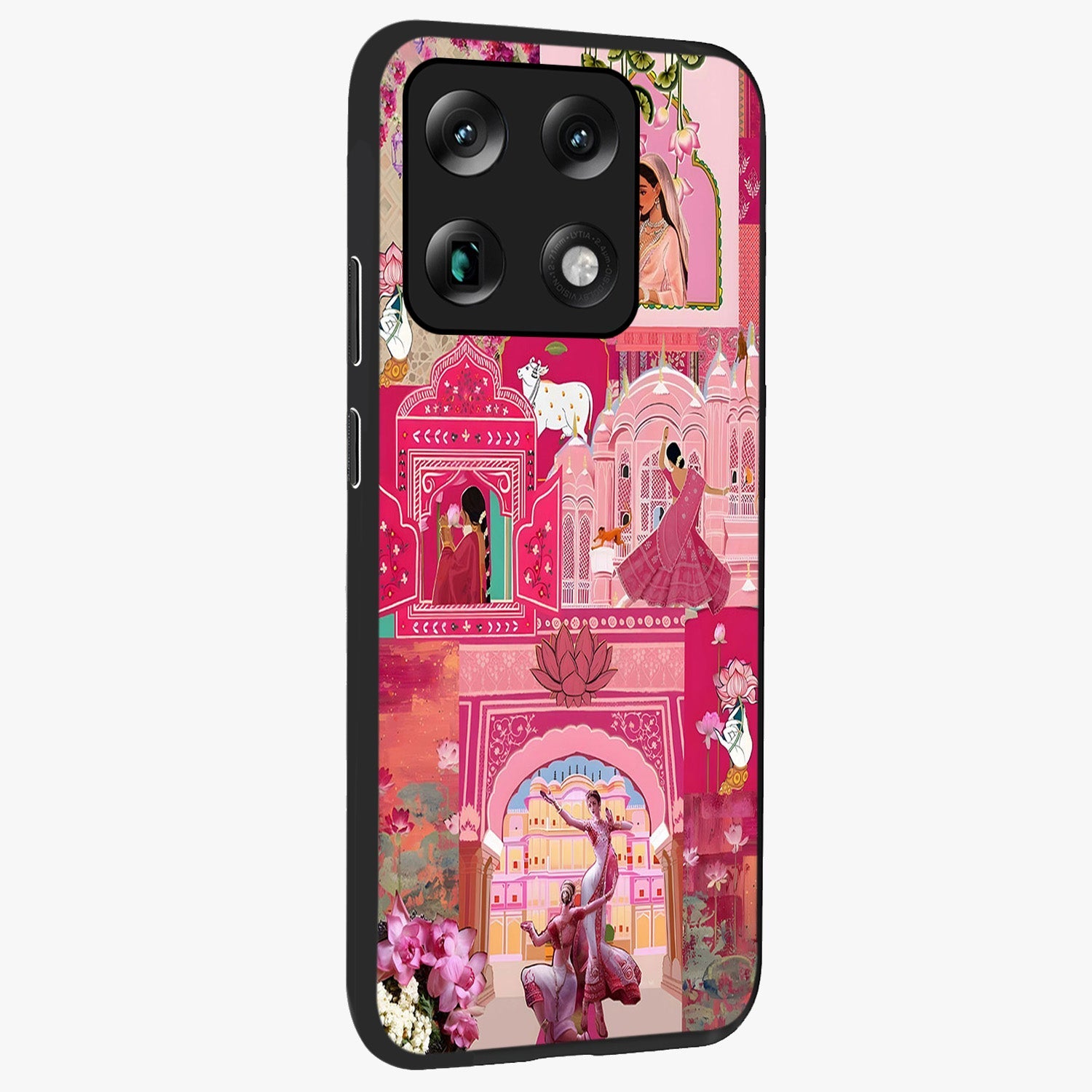 Blossoms of Rajasthan Glass Case upright view showcasing colorful floral design inspired by traditional Indian art.