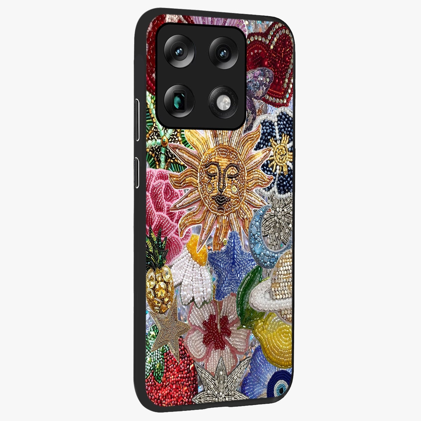 Celestial Floral and Playful Glass Case upright view showcasing whimsical floral artwork with cosmic aesthetic theme.