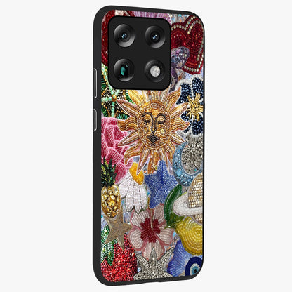 Celestial Floral and Playful Glass Case upright view showcasing whimsical floral artwork with cosmic aesthetic theme.