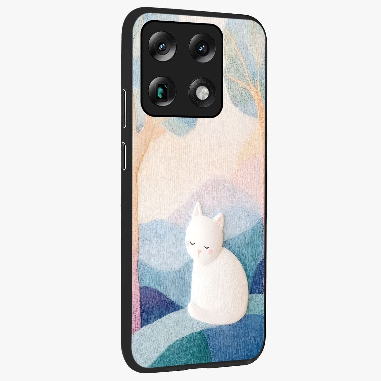 Cotton Dream Cat Glass Case upright view showcasing charming cat artwork with cozy dreamy theme.