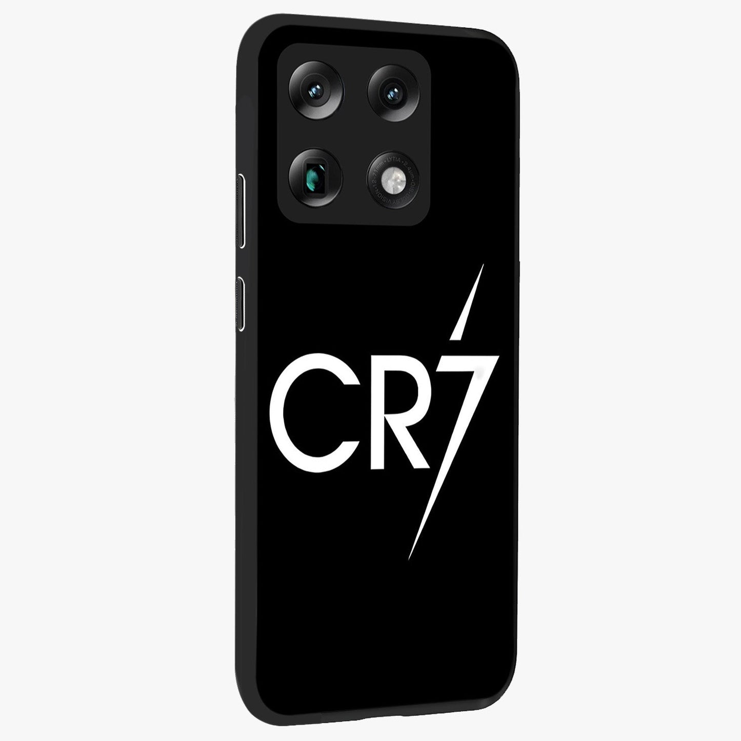 Cr7 Elite Strike Glass Case upright view showcasing energetic football inspired design with modern sports aesthetic.
