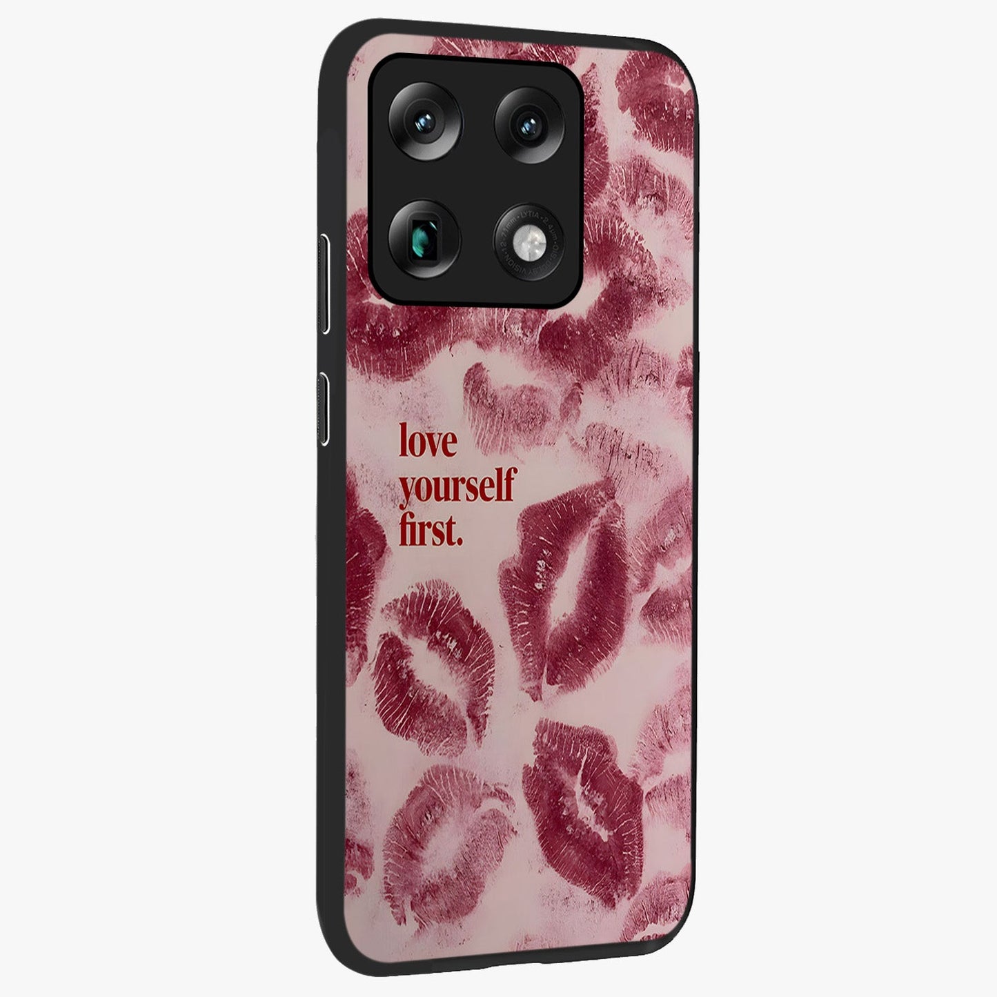 Crimson Kiss Love Glass Case upright view showcasing expressive romantic artwork with deep crimson theme.