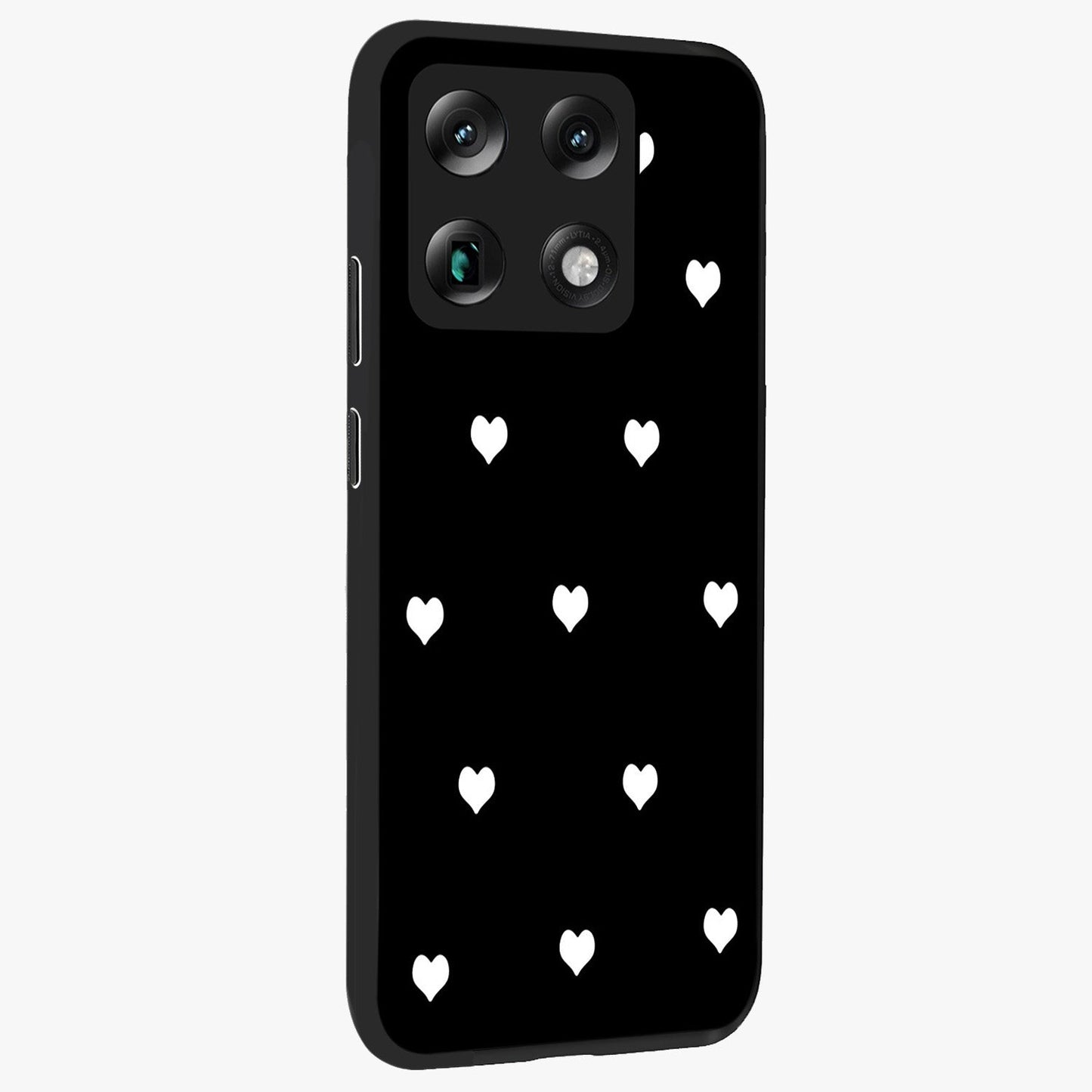 Cute And Simple White Hearts Glass Case upright view showcasing simple white hearts artwork with soft minimal theme.