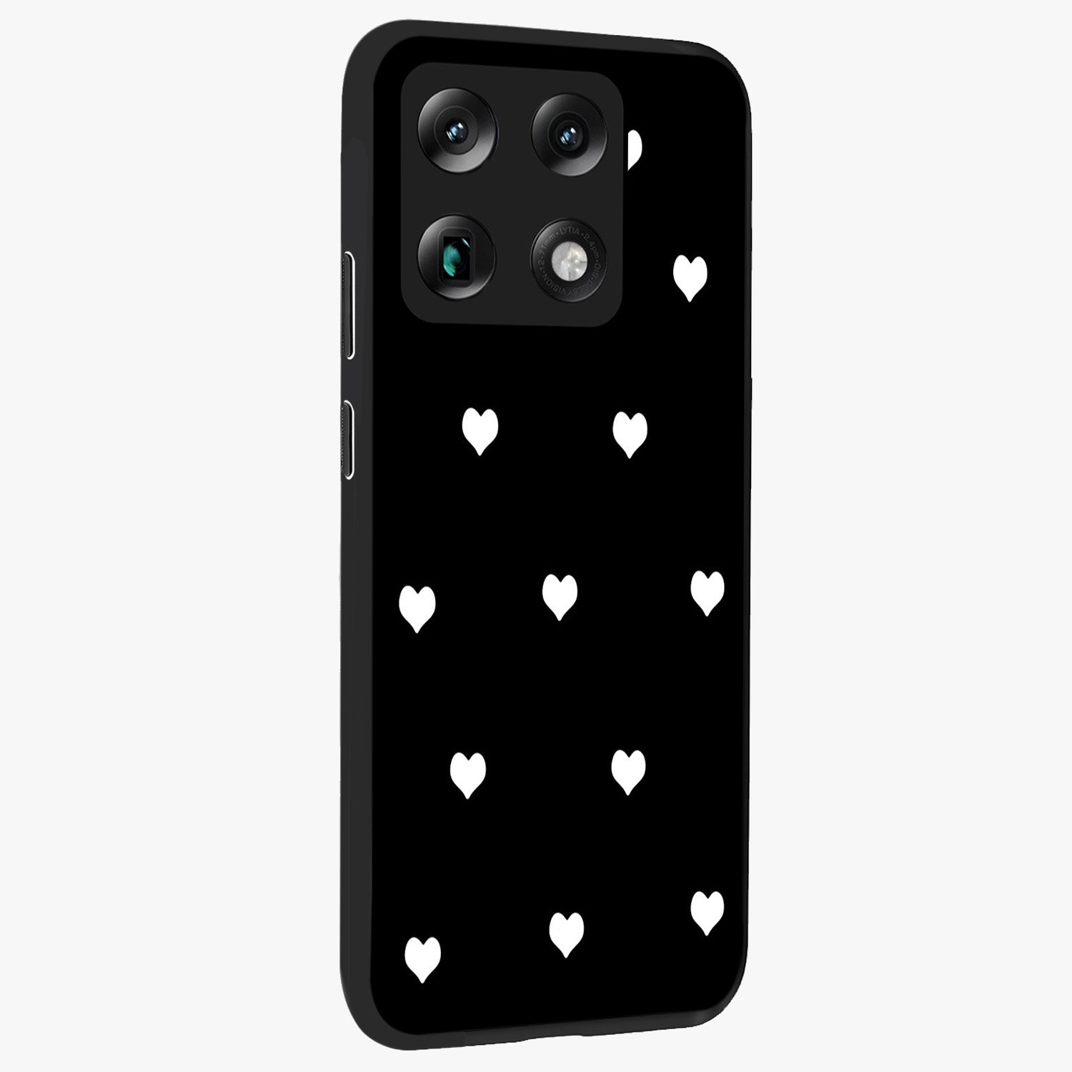 Cute And Simple White Hearts Glass Case upright view showcasing simple white hearts artwork with soft minimal theme.