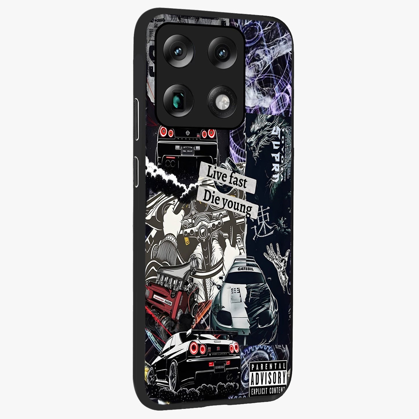 Die Young Glass Case upright view showcasing striking typography artwork with modern statement theme.
