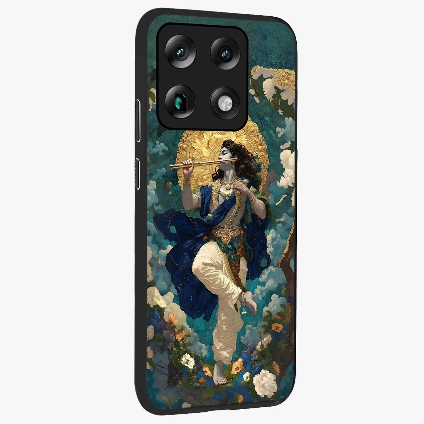 Divine Krishna Art Glass Case upright view showcasing divine Krishna artwork with sacred artistic theme.