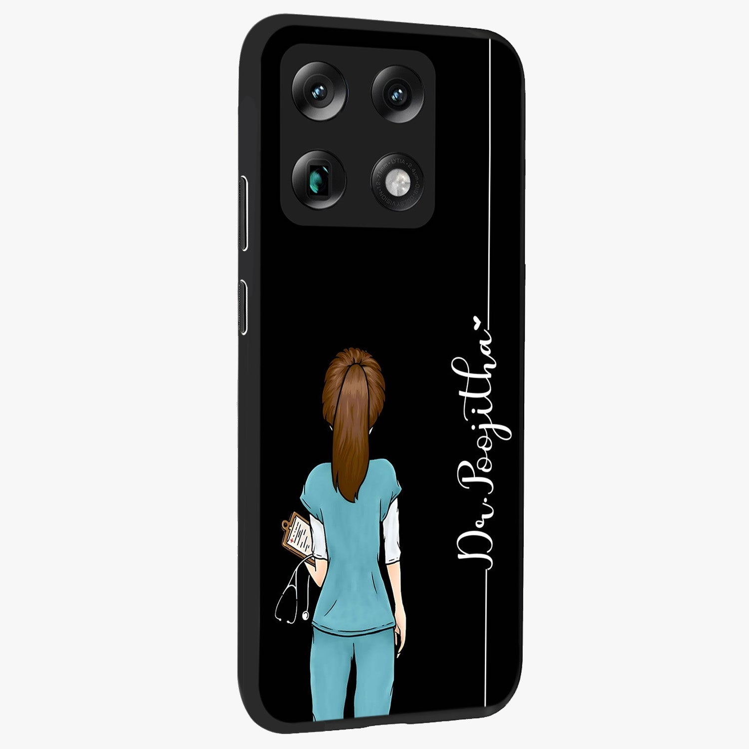 Doctor Pattern Custom Name Glass Case upright view showcasing healthcare themed design with personalized aesthetic.