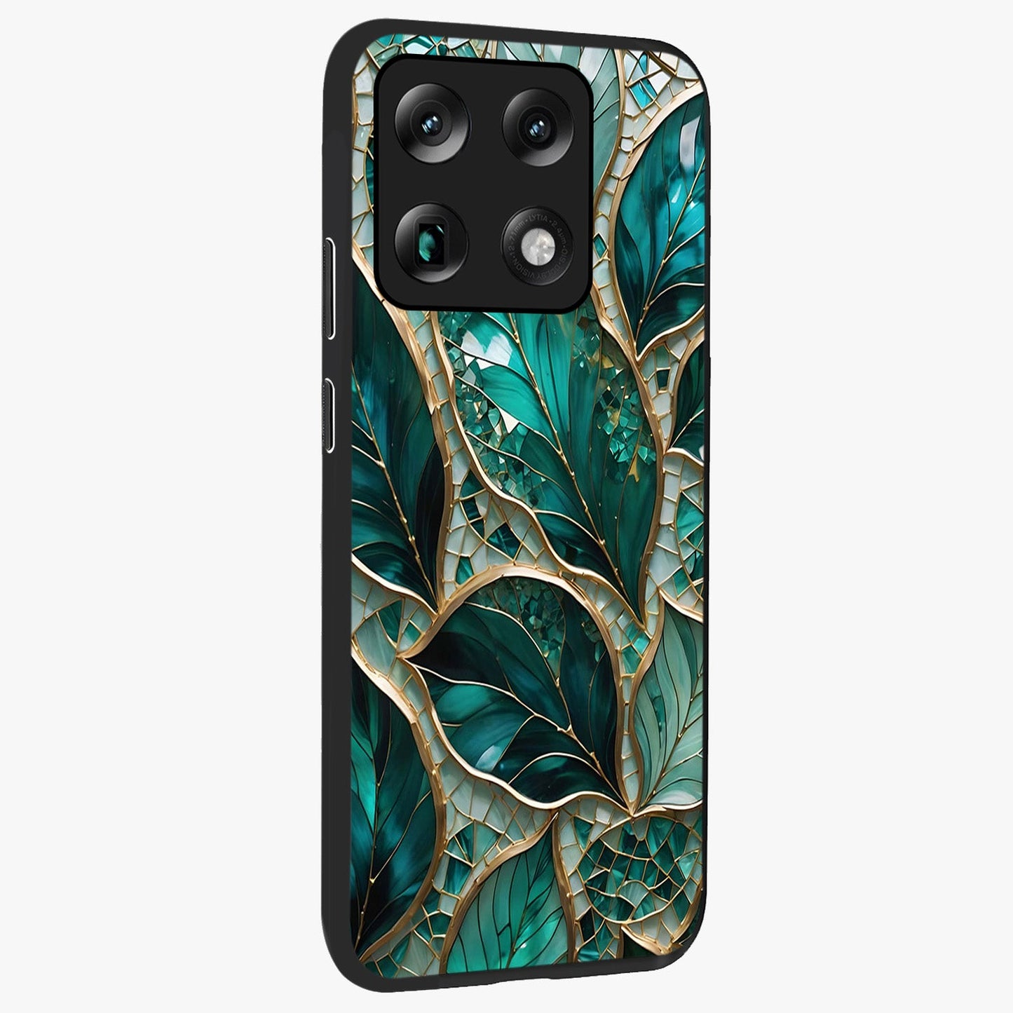 Emerald Leaf Glass Glass Case upright view showcasing fresh green leaf artwork with calming nature inspired style.