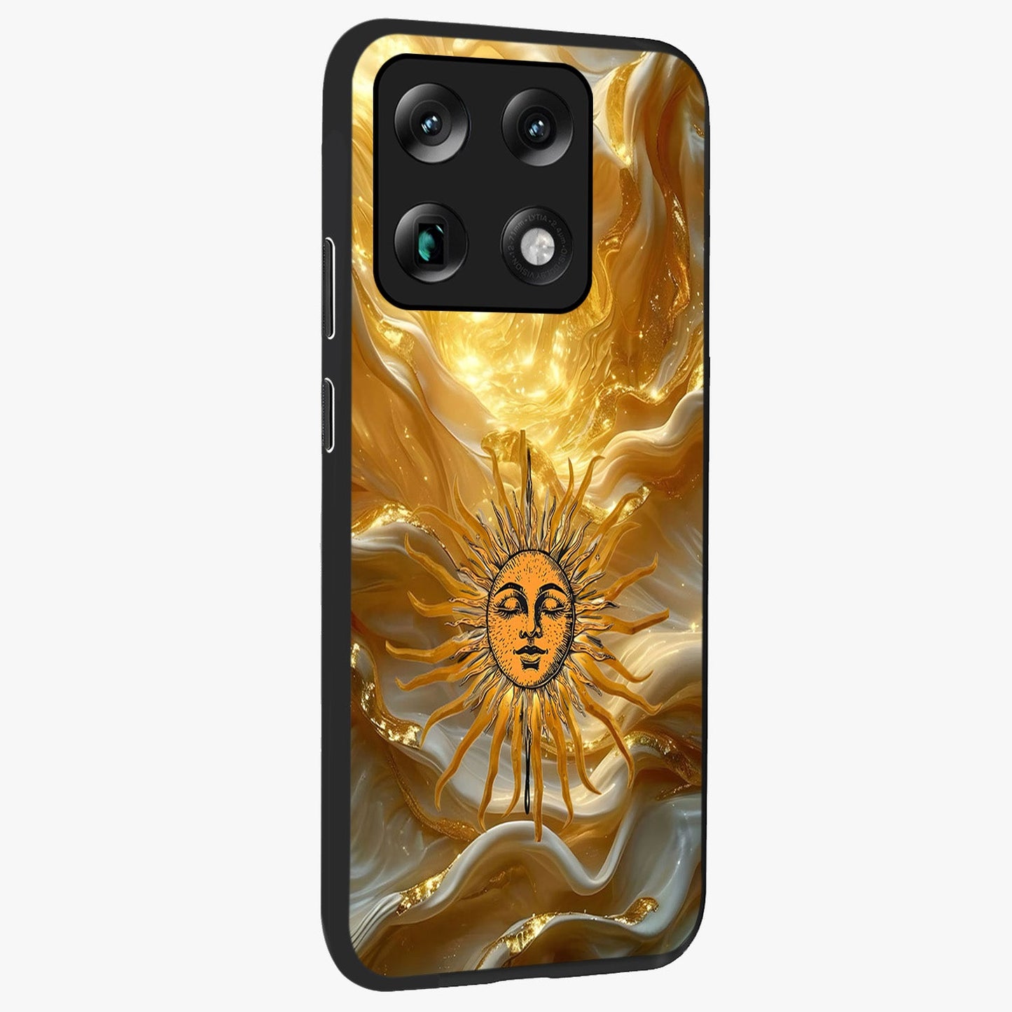 Eternal Golden Glow Glass Case upright view showcasing luminous golden artwork with luxurious visual theme.