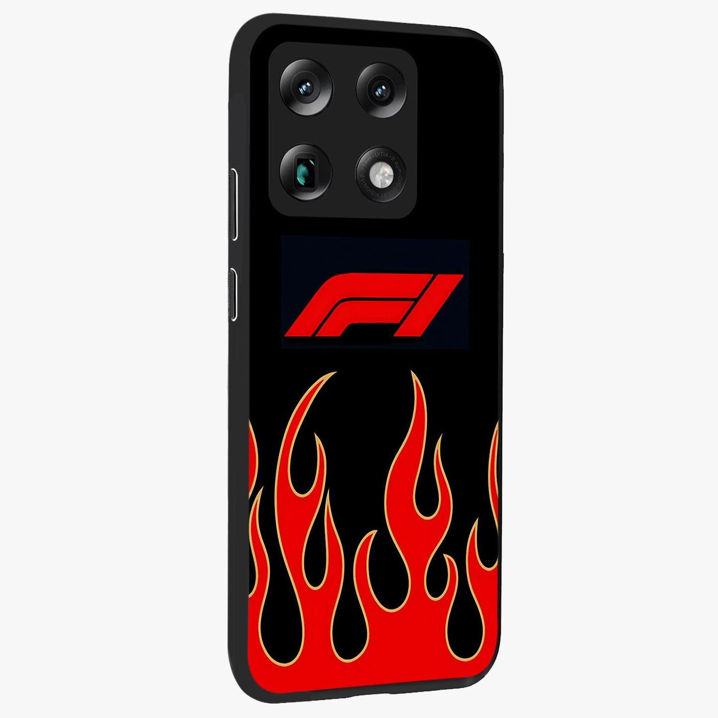 Fire F11 Glass Case upright view showcasing dynamic flame artwork with intense visual theme.