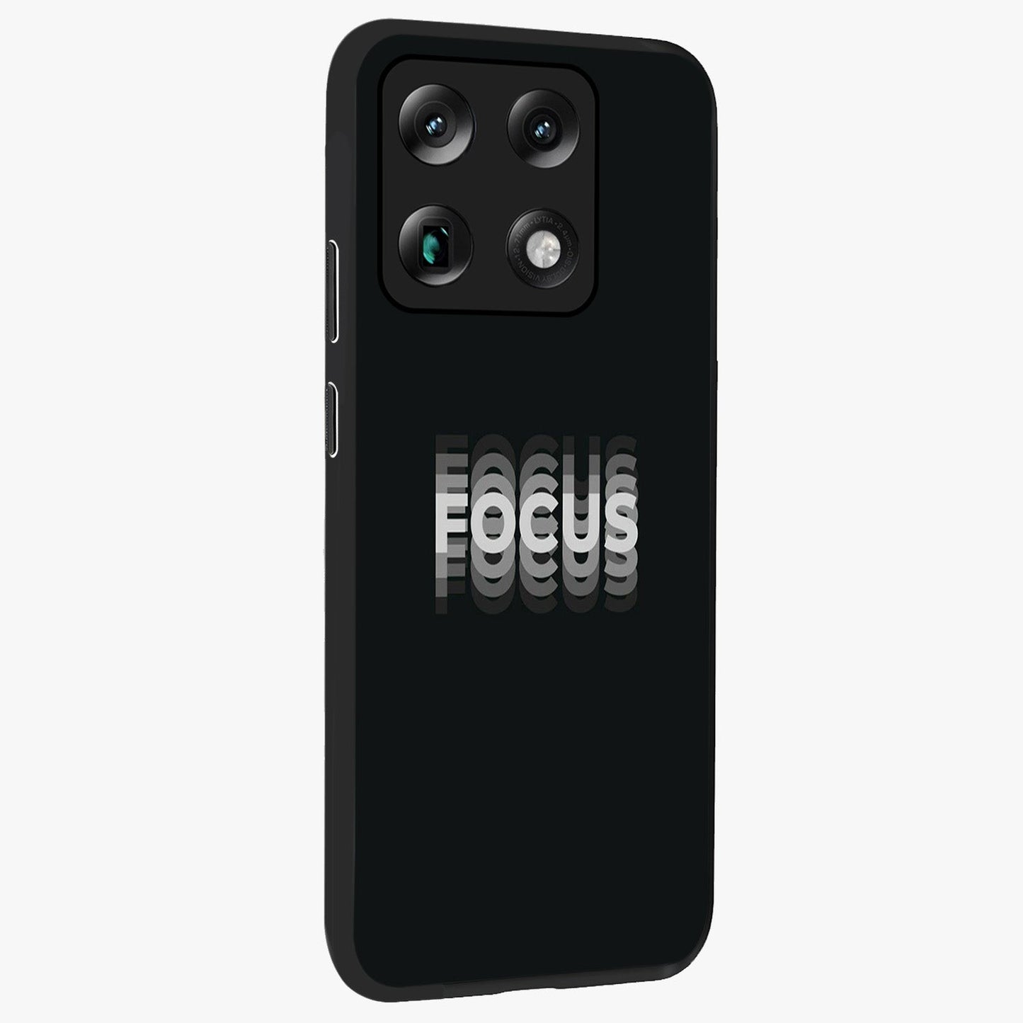 Focus Mode On Glass Case upright view showcasing strong typography statement with sleek motivational theme.