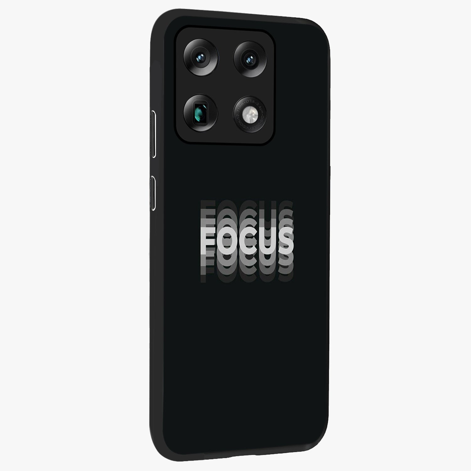 Focus Mode On Glass Case upright view showcasing strong typography statement with sleek motivational theme.