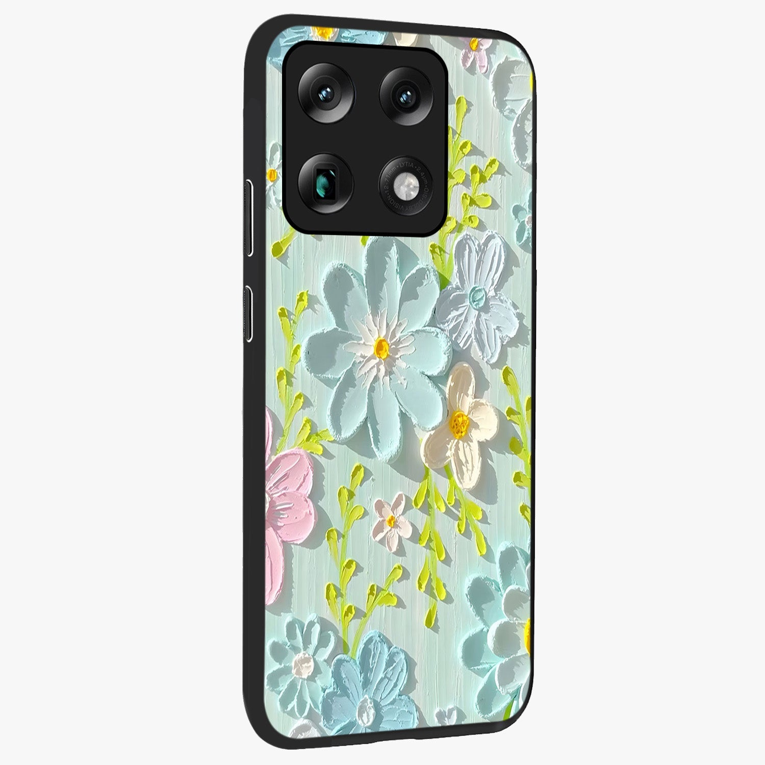 Frosted Petal Garden Glass Case upright view showcasing elegant floral garden artwork with soothing pastel theme.