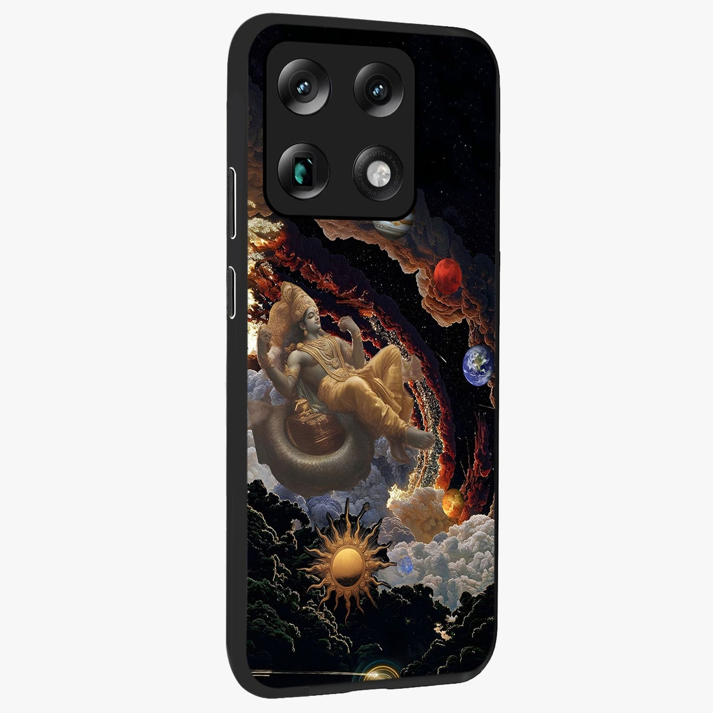 Galactic Divine God Glass Case upright view showcasing mystical divine artwork with dramatic cosmic theme.