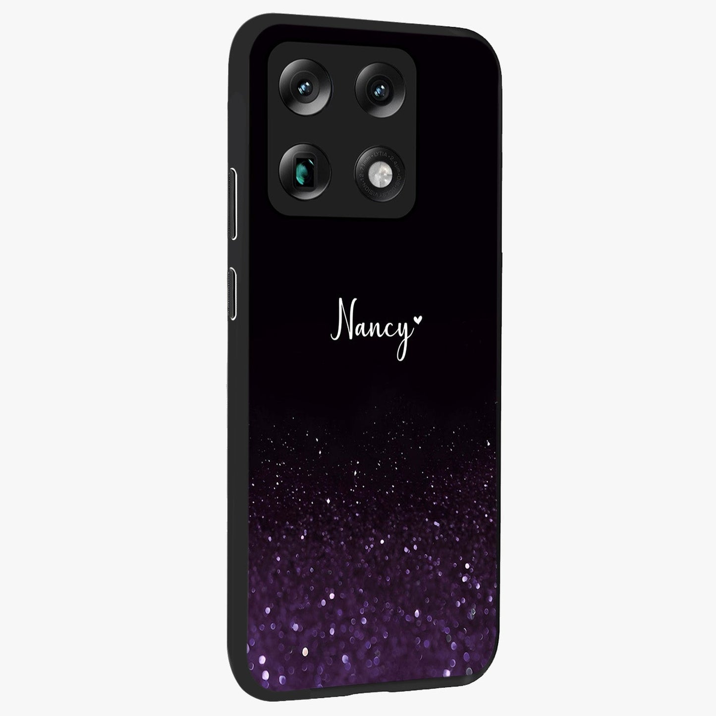 Glittery Purple Bokeh Custom Name Glass Case upright view showcasing vibrant purple sparkle artwork with personalized aesthetic style.