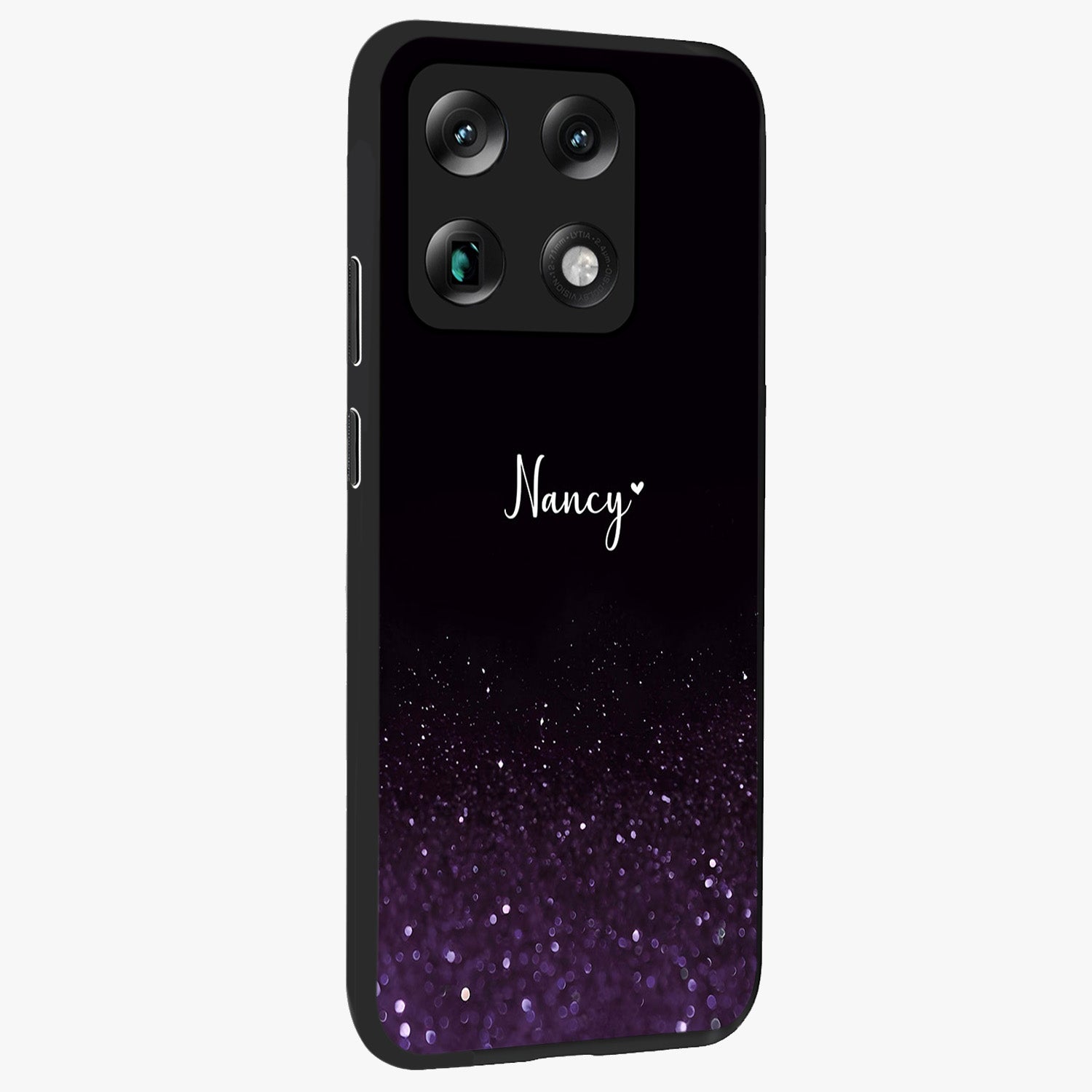 Glittery Purple Bokeh Custom Name Glass Case upright view showcasing vibrant purple sparkle artwork with personalized aesthetic style.