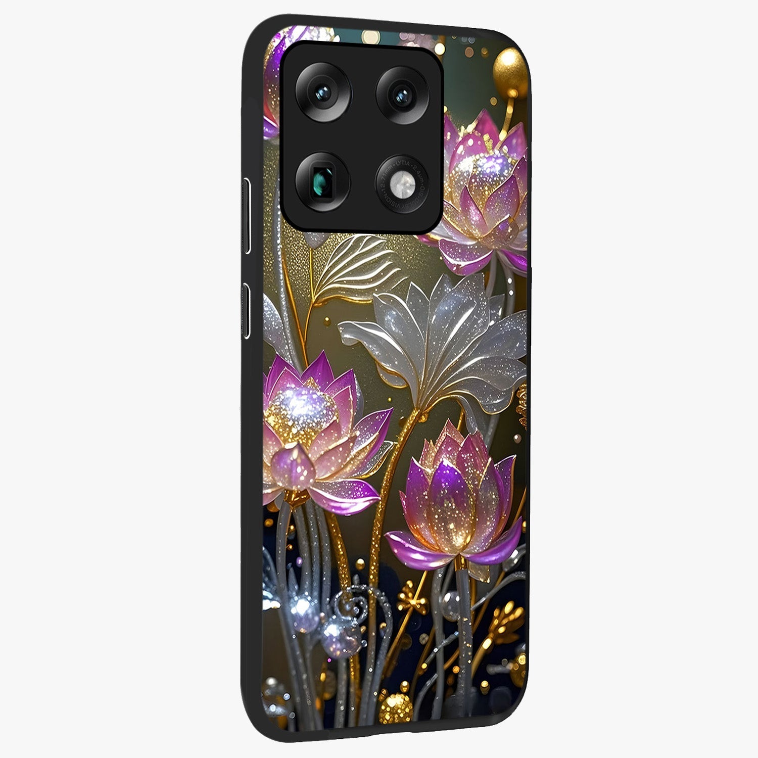 Golden Floral Majesty Glass Case upright view showcasing majestic floral artwork with rich decorative theme.