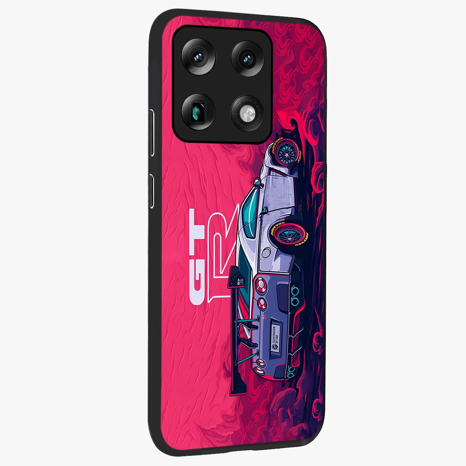GT-R Car Pattern Glass Case upright view showcasing dynamic car pattern artwork with modern sports theme.