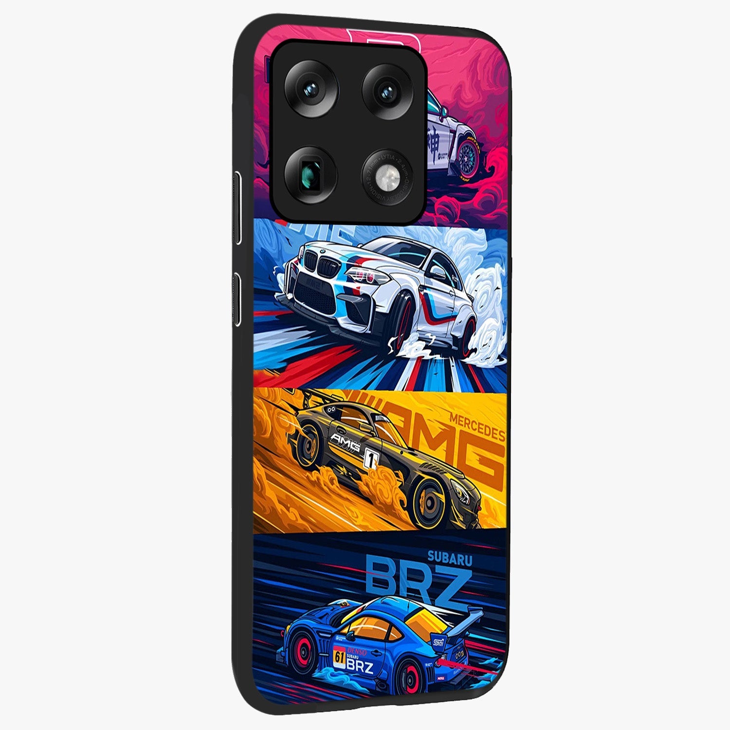 JDM Sports Car Glass Case upright view showcasing dynamic sports car artwork with bold racing theme.