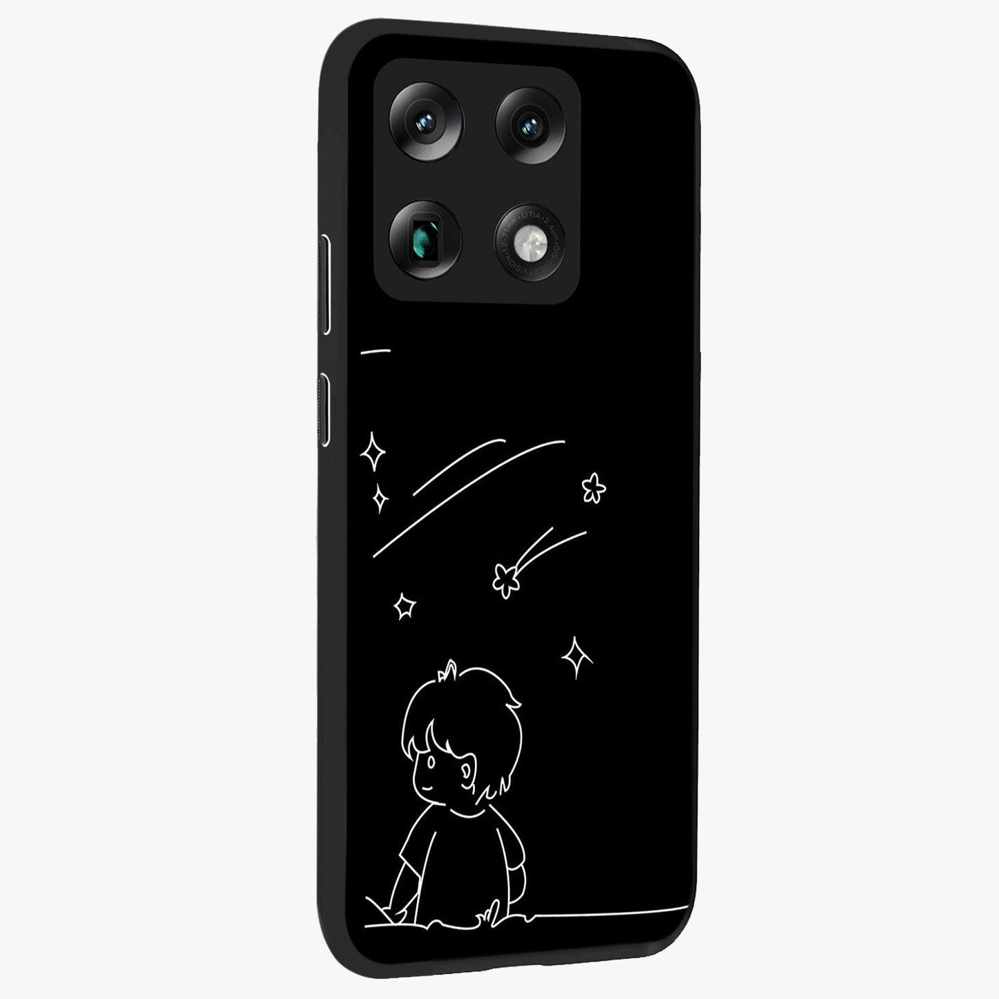 Line Art Boy With Shooting Stars Glass Case upright view showcasing artistic shooting star illustration with minimal style.