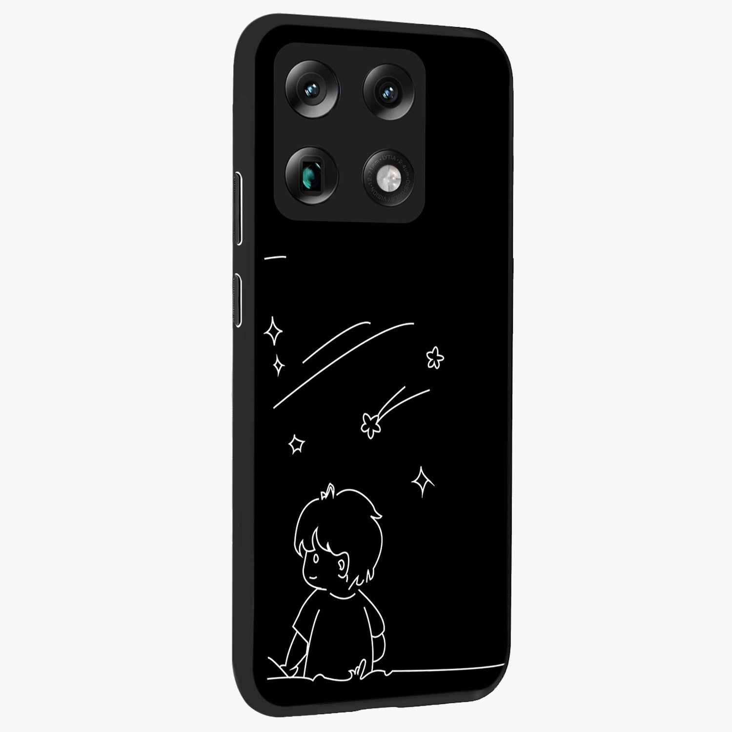 Line Art Boy With Shooting Stars Glass Case upright view showcasing artistic shooting star illustration with minimal style.