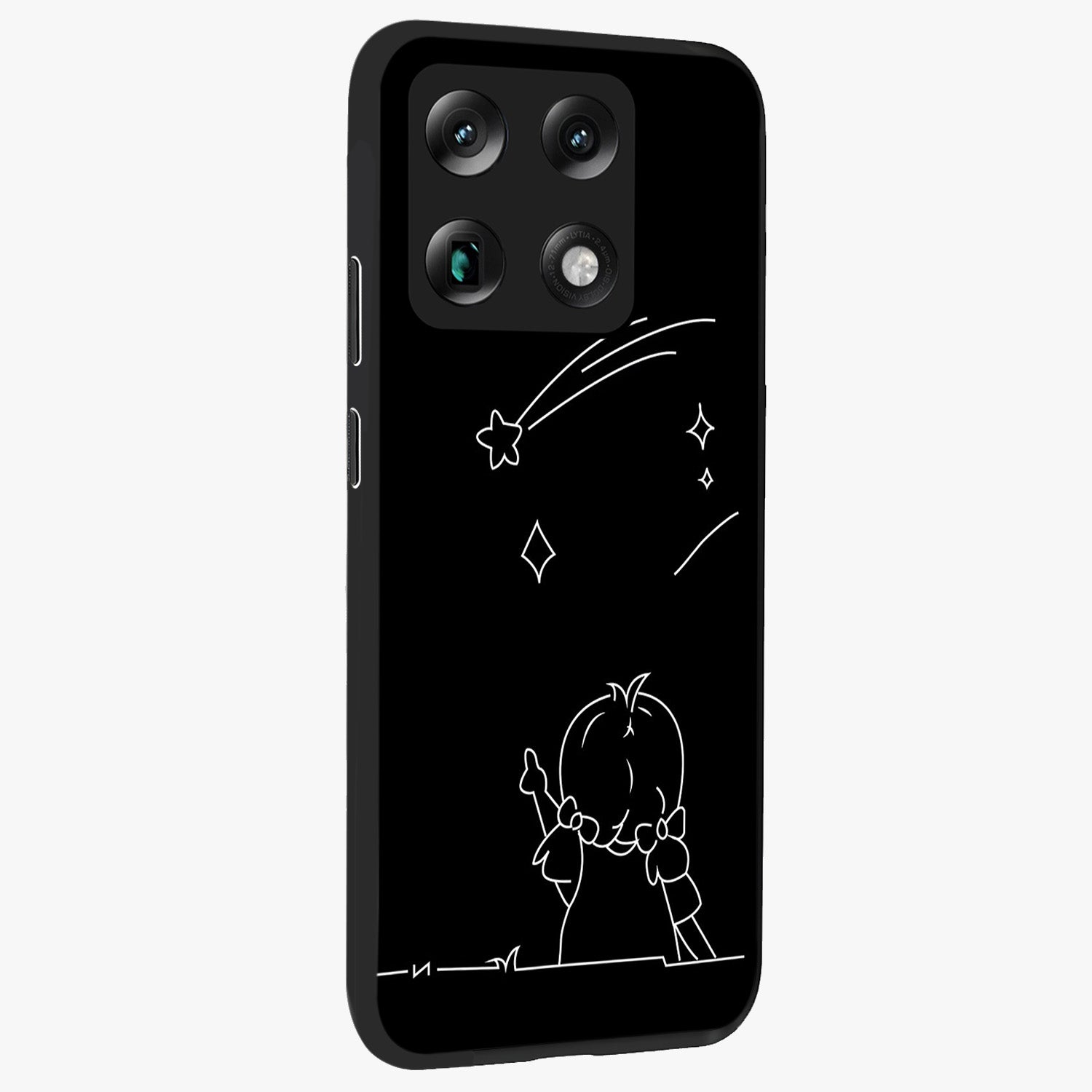 Line Art Girl With Shooting Stars Glass Case upright view showcasing delicate shooting stars artwork with minimal artistic theme.