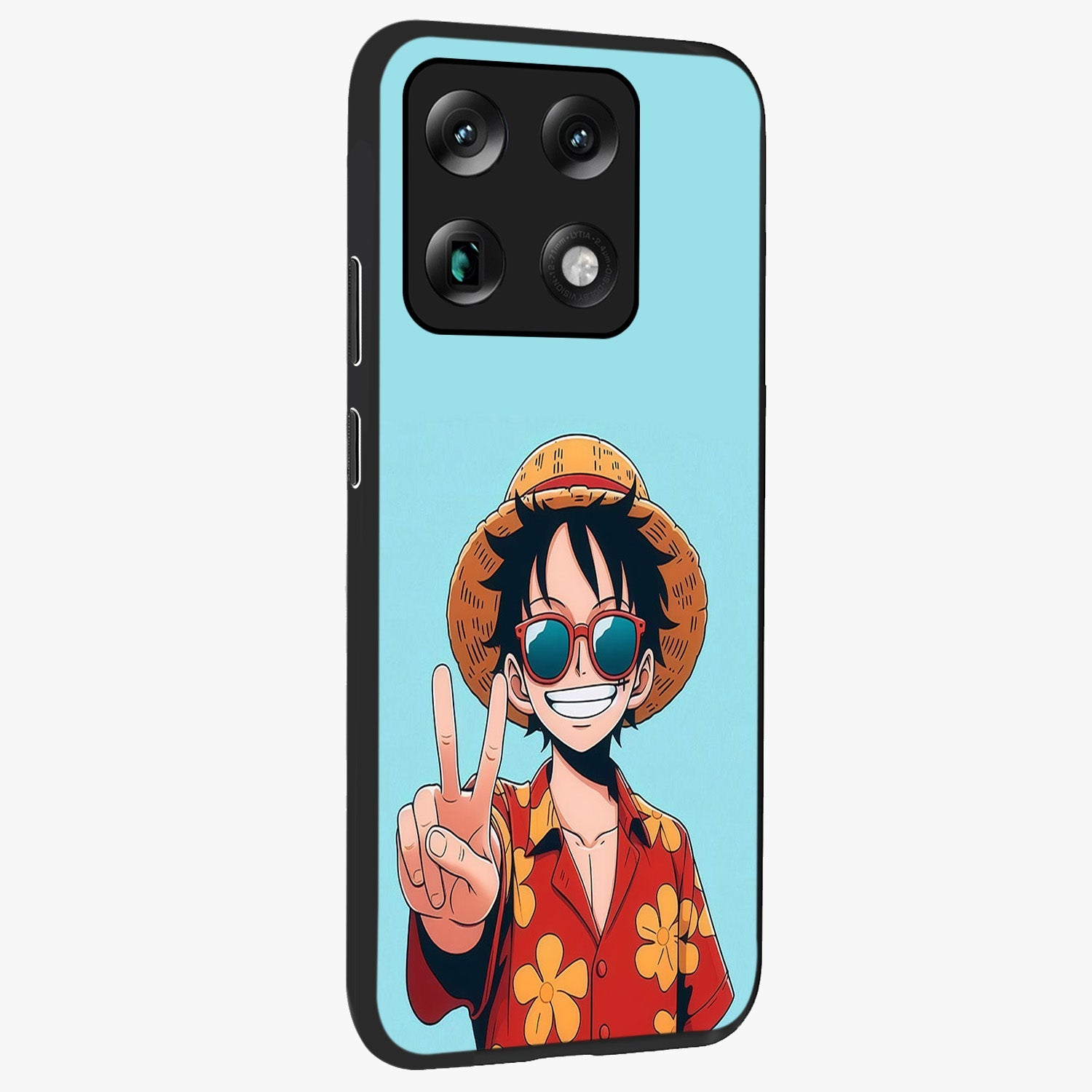 Luffy Summer Anime Vibe Glass Case upright view showcasing dynamic anime artwork with bright adventurous theme.