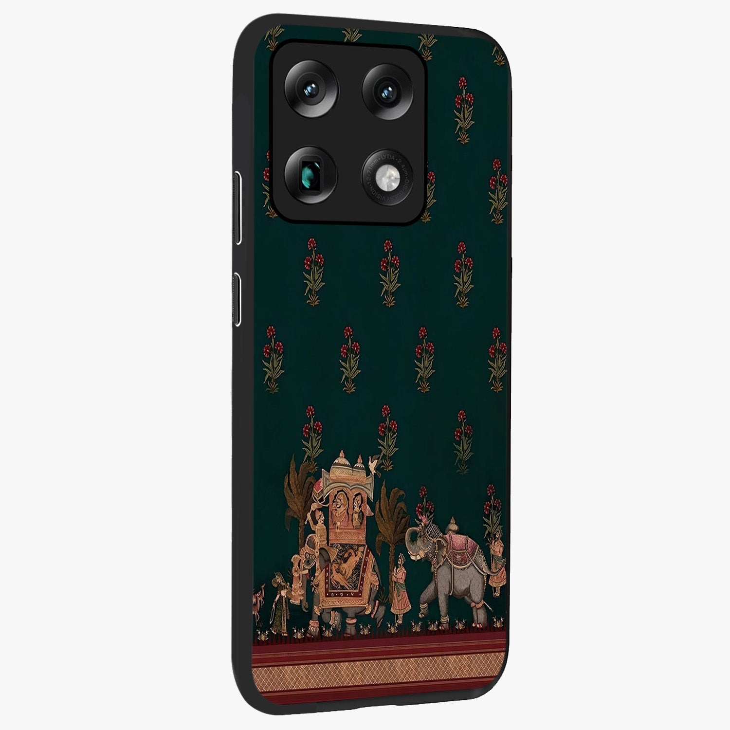 Macmerise Glass Case upright view showcasing bold artistic artwork with contemporary design theme.