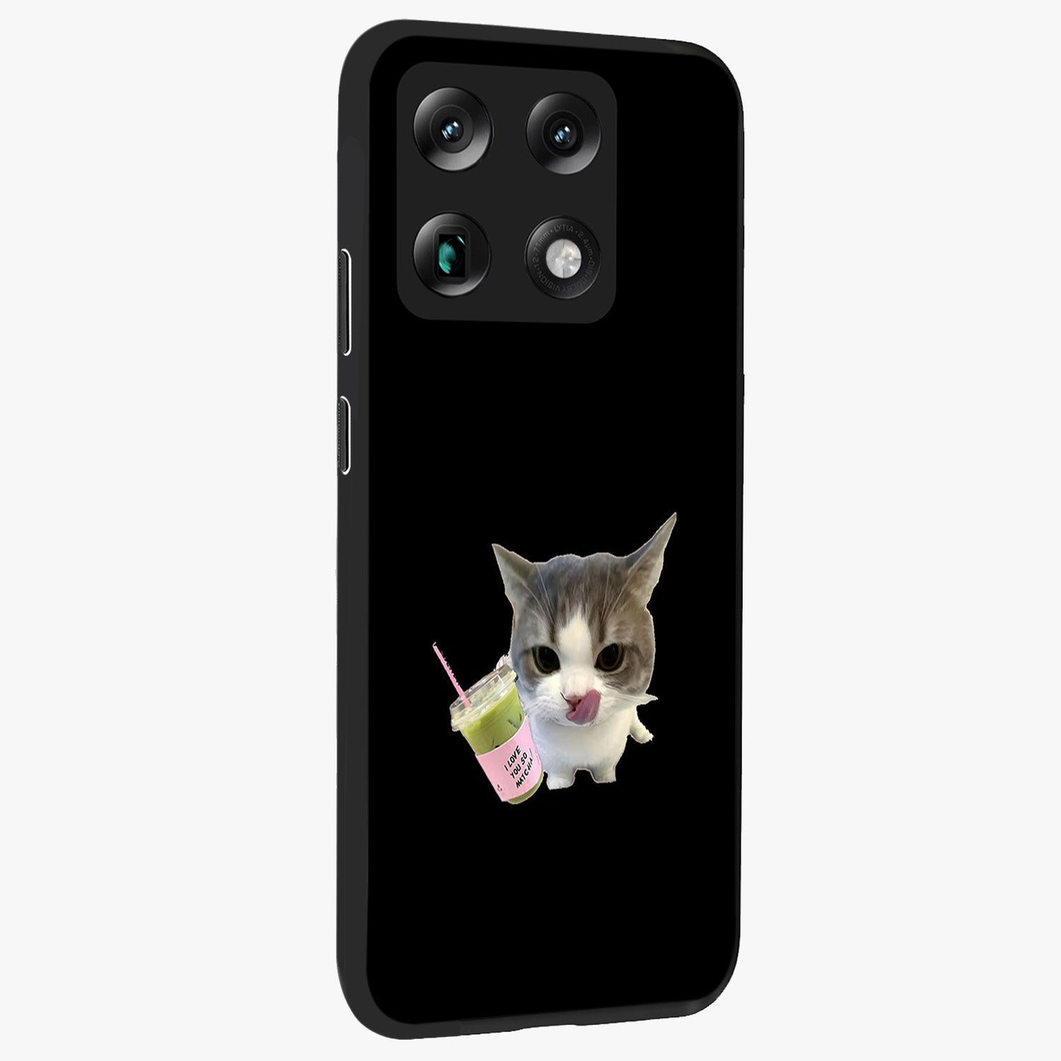 Matcha Cat Style Glass Case upright view showcasing charming cat artwork with cozy aesthetic theme.