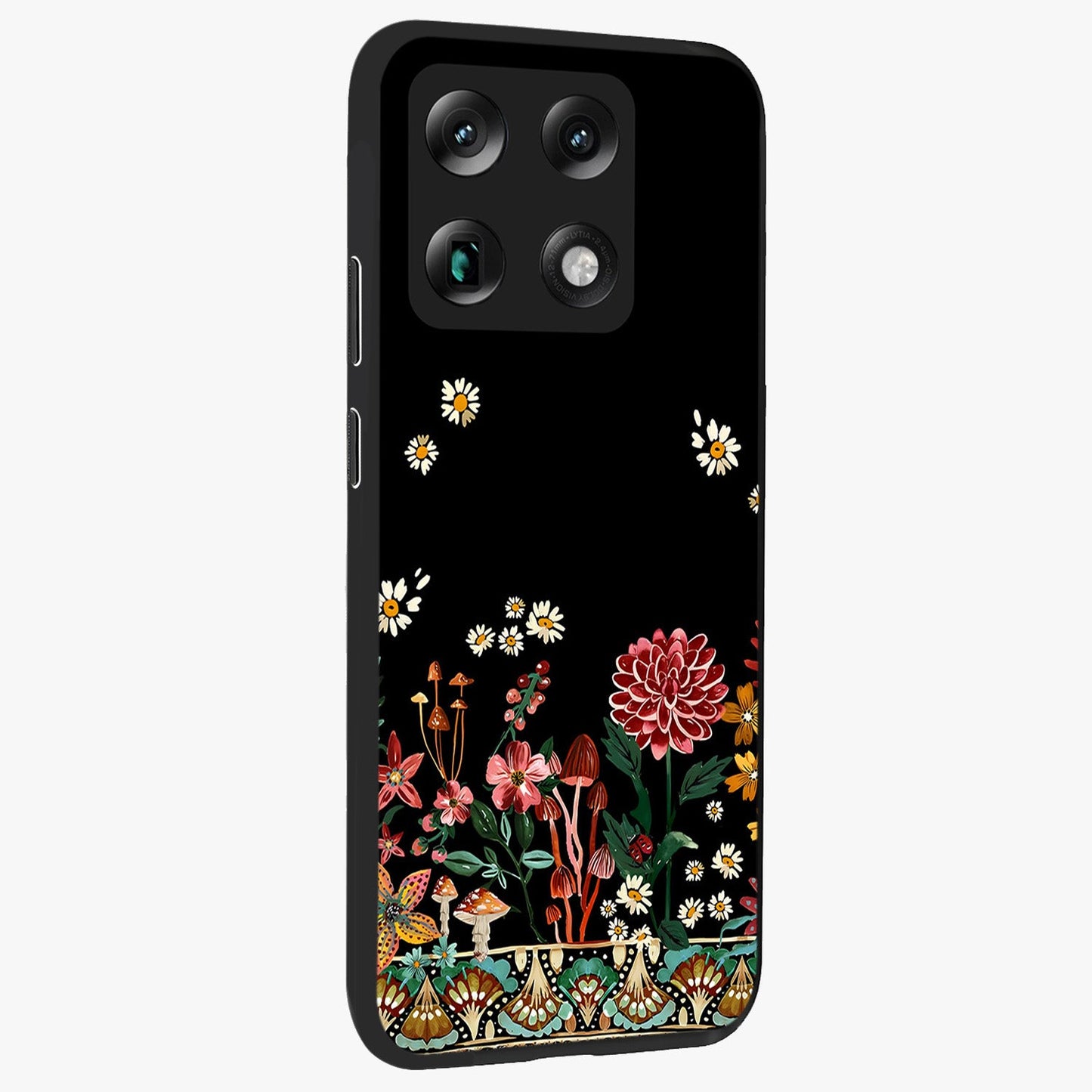 Midnight Bloom Pattern Glass Case upright view showcasing decorative floral artwork with deep night themed palette.