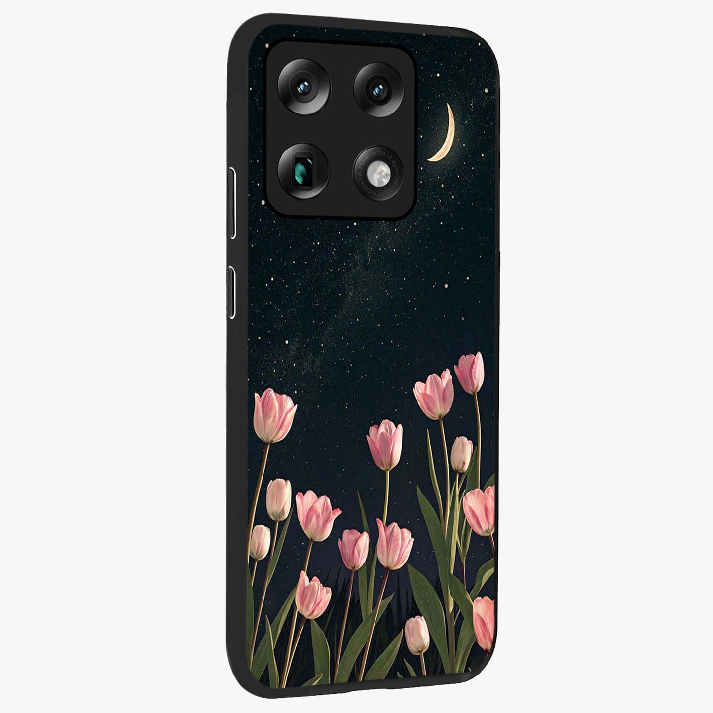 Midnight Tulip Whispers Vibe Glass Case upright view showcasing graceful tulip artwork with calm botanical theme.