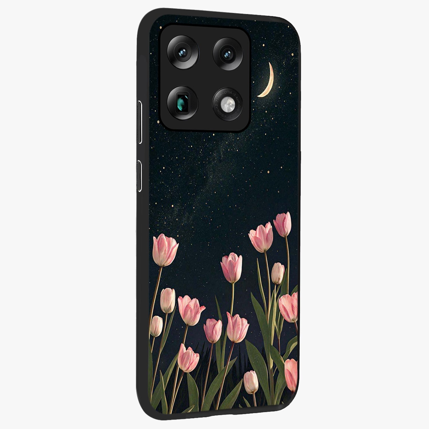 Midnight Tulip Whispers Vibe Glass Case upright view showcasing graceful tulip artwork with calm botanical theme.