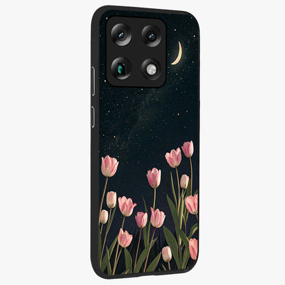 Midnight Tulip Whispers Vibe Glass Case upright view showcasing graceful tulip artwork with calm botanical theme.