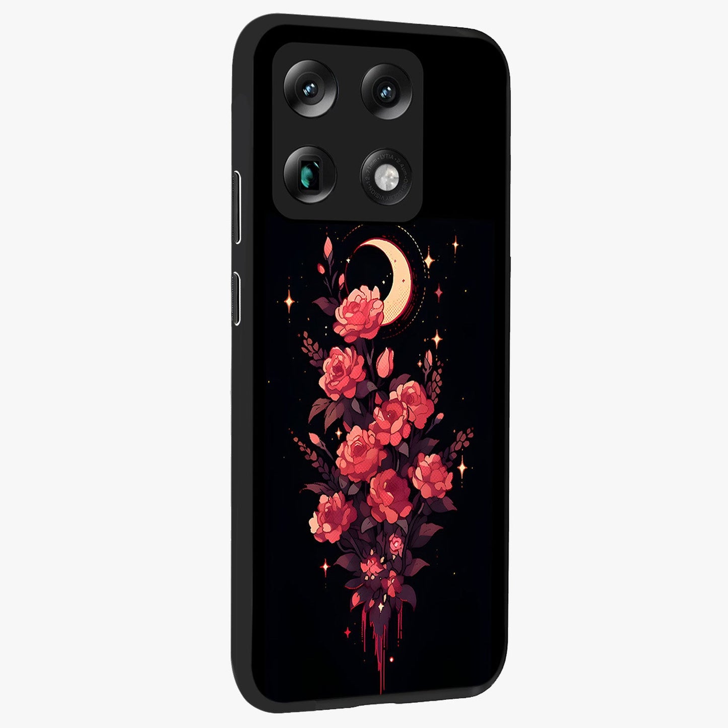 Moonlit Floral Elegance Glass Case upright view showcasing delicate floral artwork with refined night inspired theme.
