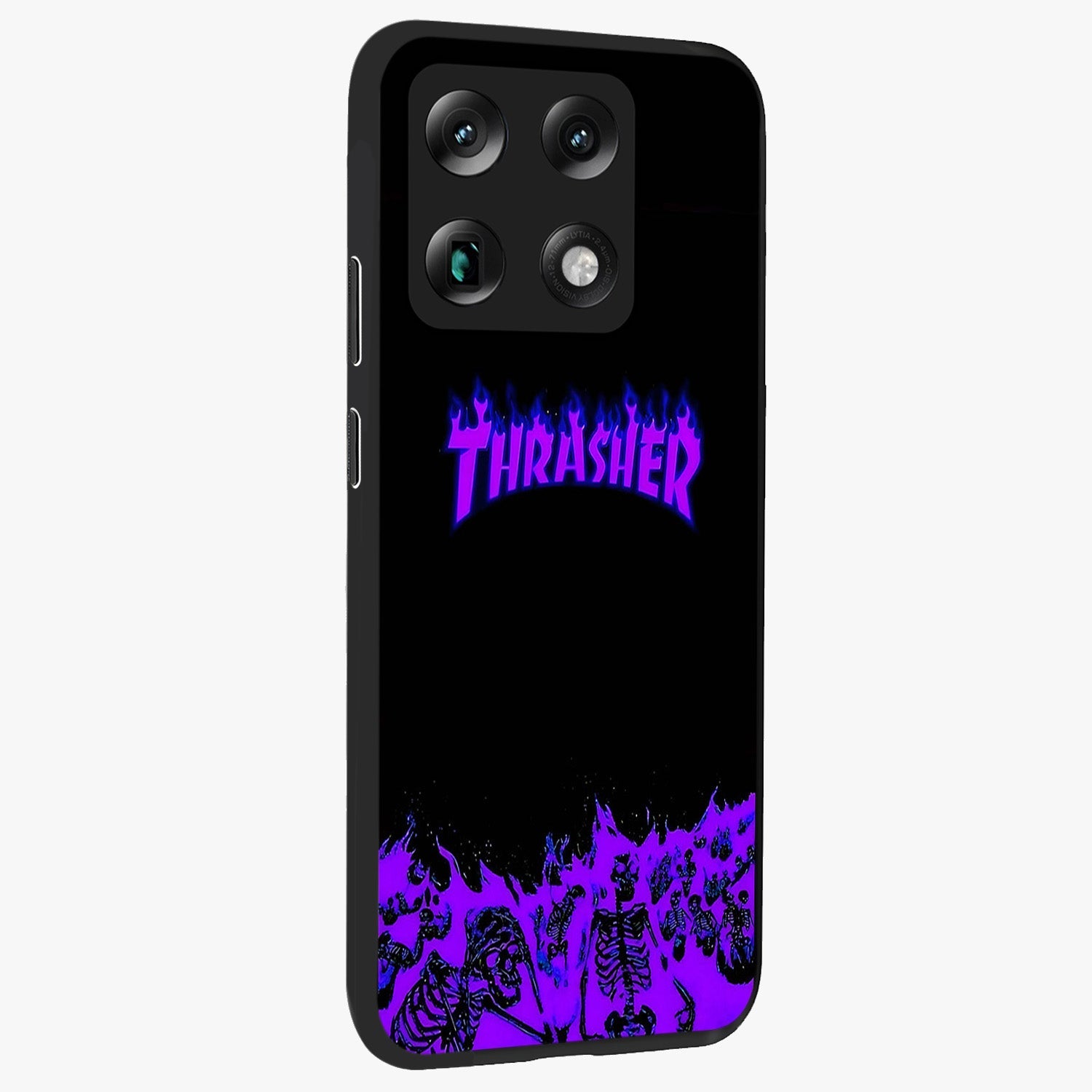 Neon Flame Riot Glass Case upright view showcasing dynamic flame artwork with energetic neon theme.