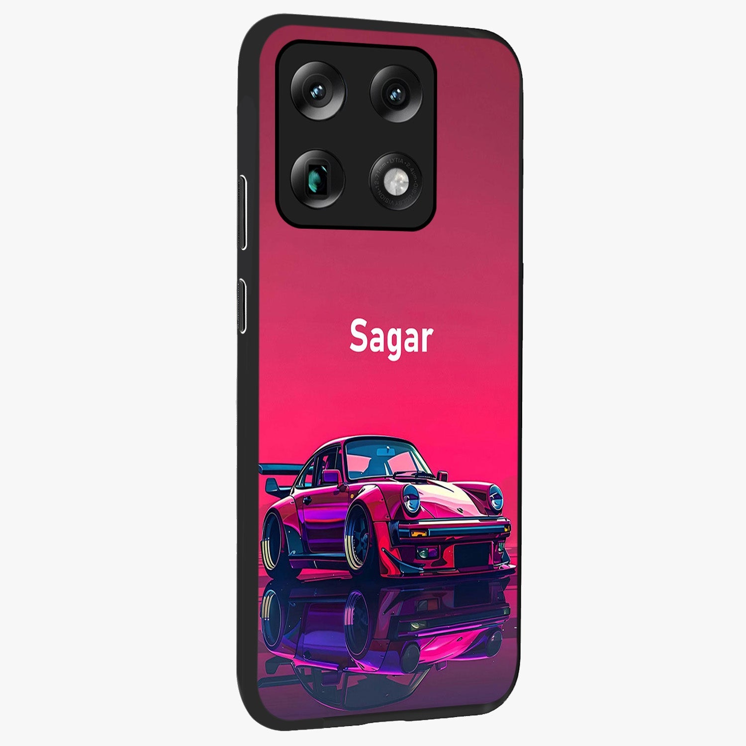 Neon Pink Porsche Glass Case upright view showcasing vibrant sports car artwork with bold automotive theme.