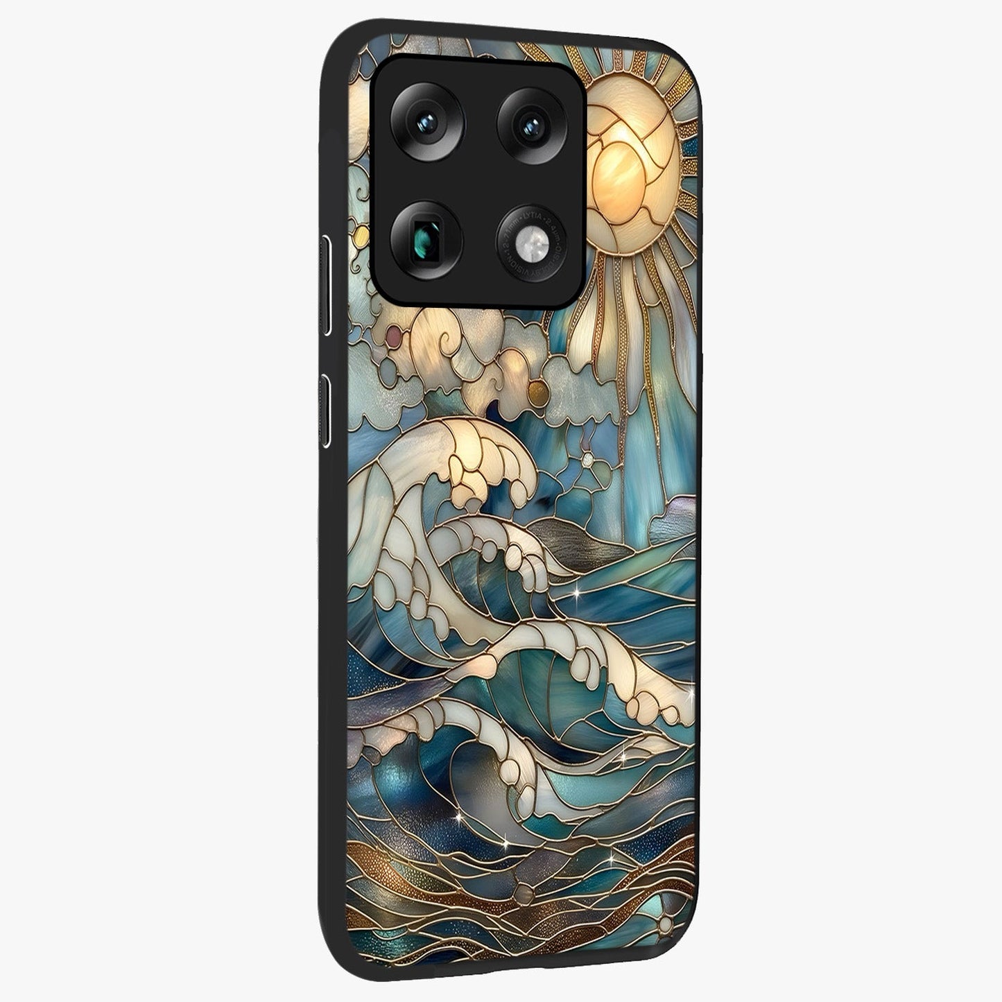 Oceanic Stained Printed Glass Case upright view showcasing decorative ocean pattern artwork with vibrant marine theme.