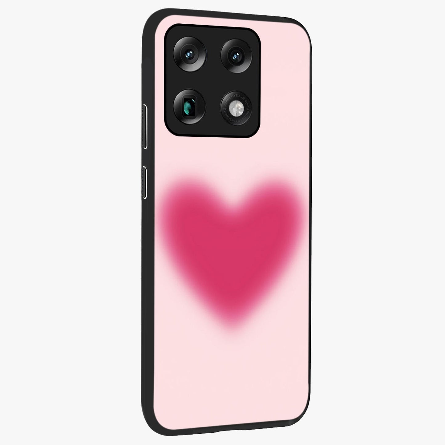 Pink Aura Heart Glass Case upright view showcasing romantic heart artwork with soft pastel theme.