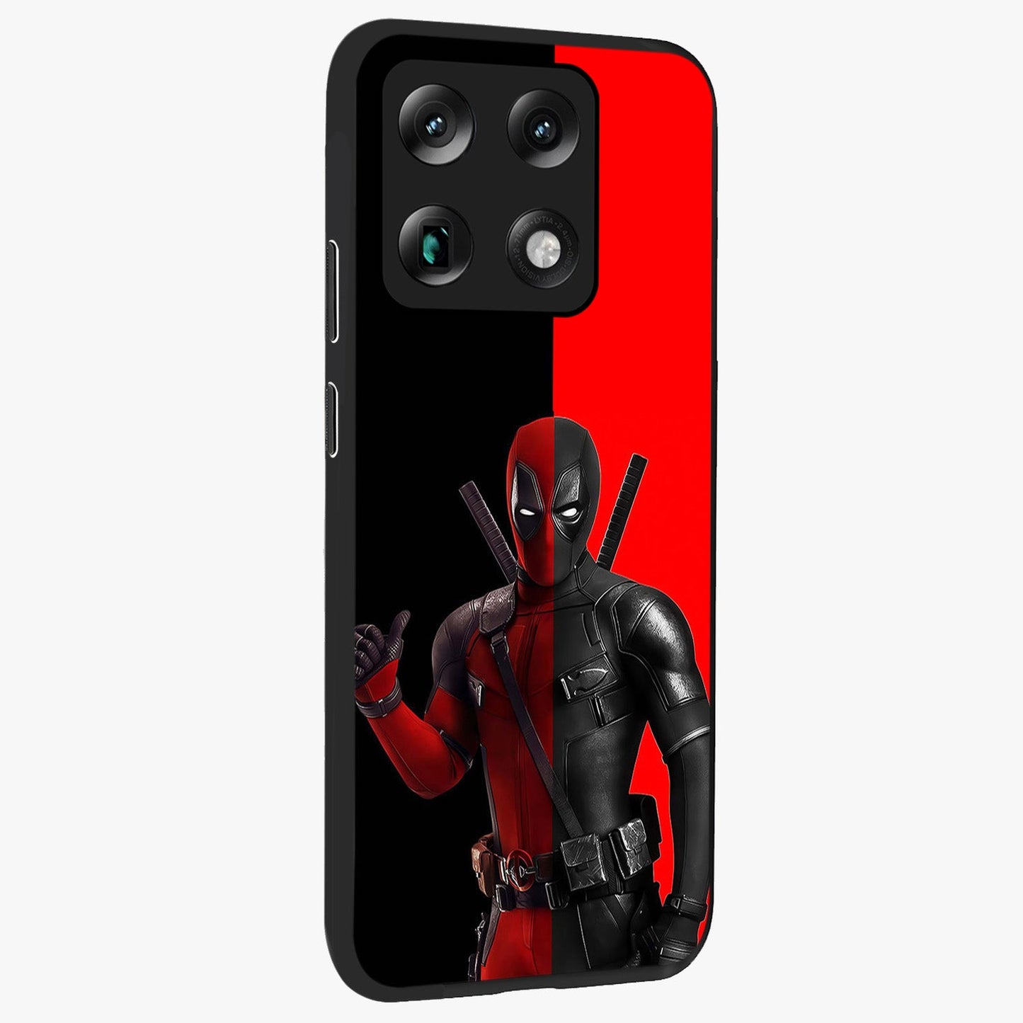 Red & Black Deadpool Theme Glass Case upright view showcasing energetic comic themed artwork with striking red and black design.