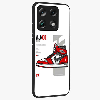 Retro Sneaker Blueprint Glass Case upright view showcasing stylish sneaker illustration with vintage streetwear theme.