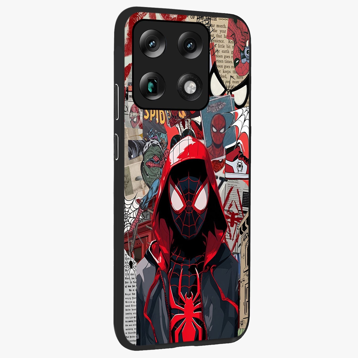 Spider Collage Street Glass Case upright view showcasing bold superhero artwork with urban street theme.