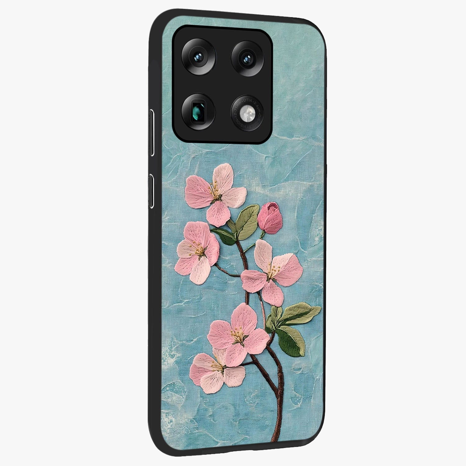 Threaded Blossom Breeze Glass Case upright view showcasing graceful flower artwork with calm botanical theme.