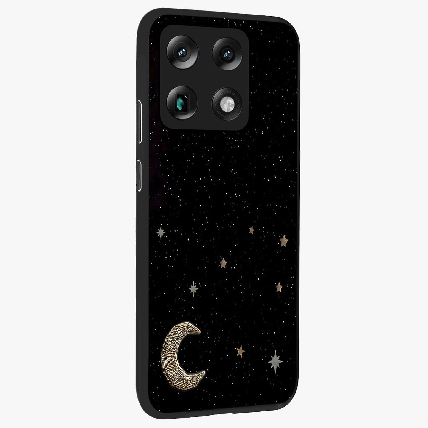 Twinkle Star With Half Moon Glass Case upright view showcasing glowing cosmic artwork with dreamy night theme.