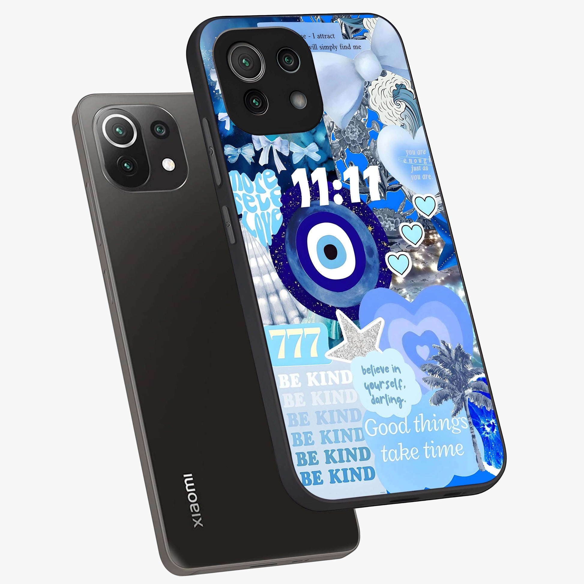 Aesthetic Be Kind Eye Glass Case displayed in angled mockup highlighting aesthetic eye design and inspirational vibe.