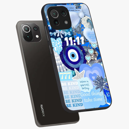 Aesthetic Be Kind Eye Glass Case displayed in angled mockup highlighting aesthetic eye design and inspirational vibe.