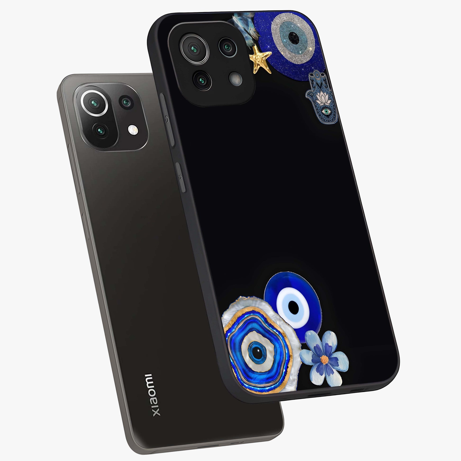 Aesthetic Blue Evil Eye Glass Case displayed in angled mockup highlighting blue evil eye symbol and spiritual aesthetic design.