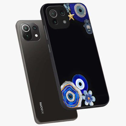 Aesthetic Blue Evil Eye Glass Case displayed in angled mockup highlighting blue evil eye symbol and spiritual aesthetic design.