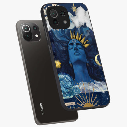 Aesthetic Lord Shiva Glass Case displayed in angled mockup highlighting spiritual Shiva illustration and sacred aesthetic design.