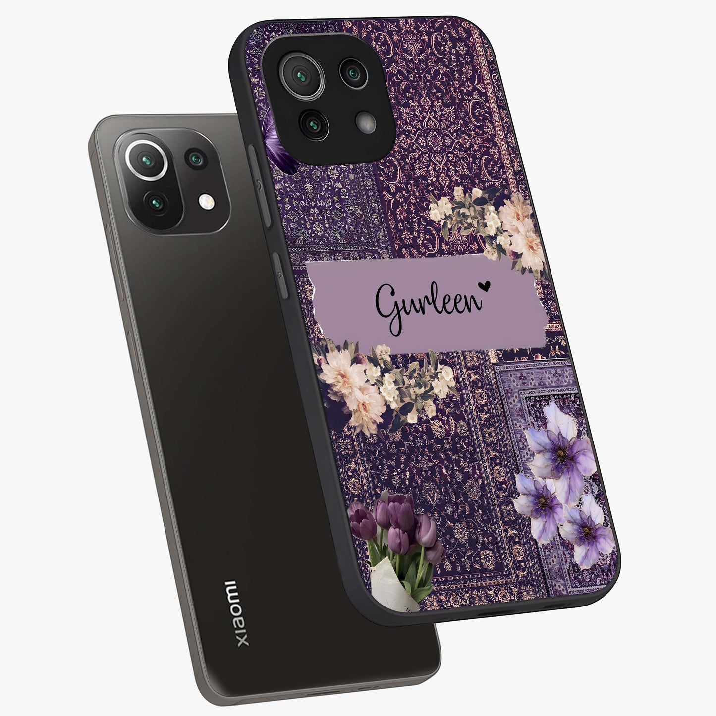 Antique Floral Whisper Custom Name Glass Case displayed in angled mockup highlighting elegant antique floral aesthetic.